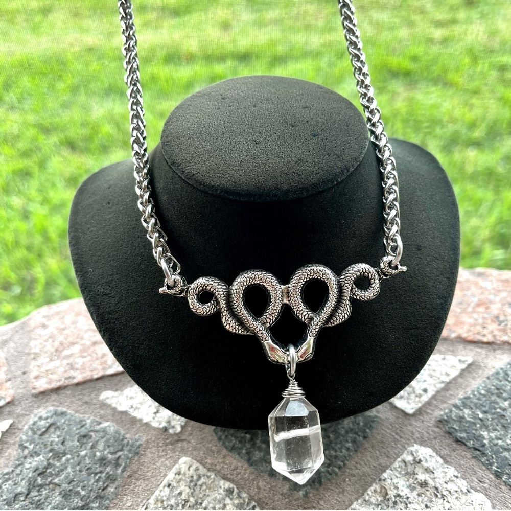 Natural Crystal quartz & snake charm stainless steel chain necklace goth celtic. - Picture 3 of 10